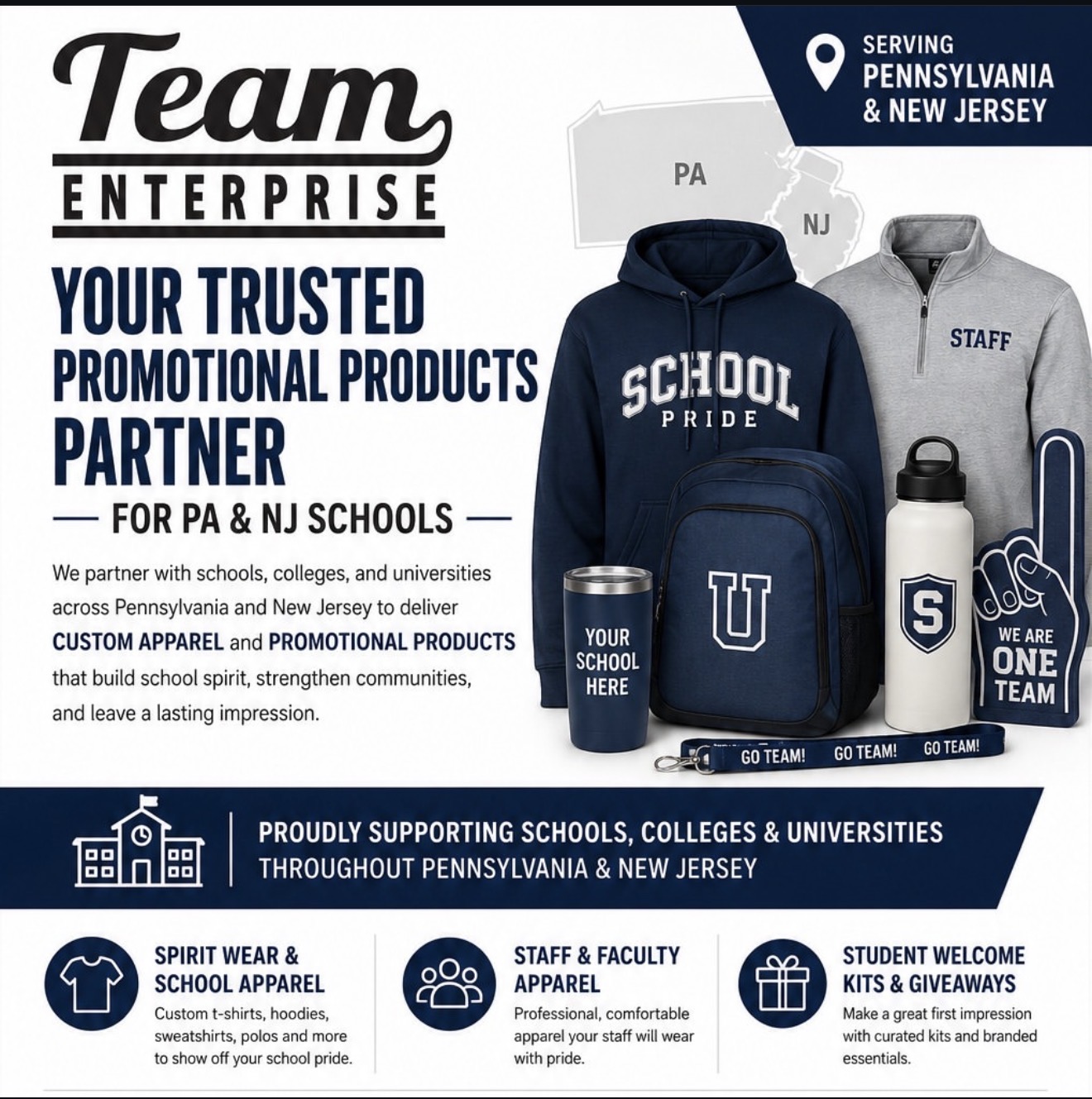 Team Enterprise flyer for school spirit wear and promotional products in Pennsylvania and New Jersey