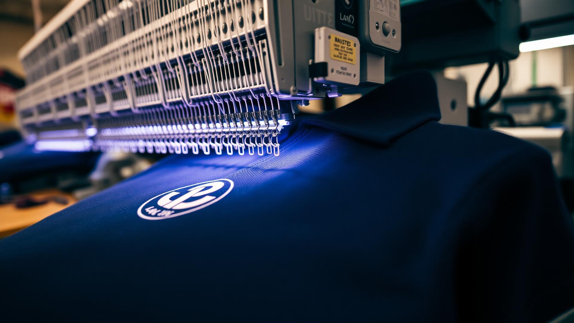 Close-up of an embroidery machine head stitching a corporate logo
